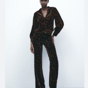 ZARA Black Red Floral Print Velvet Blouse & Wide Leg Trouser 2 PC Set Women's S